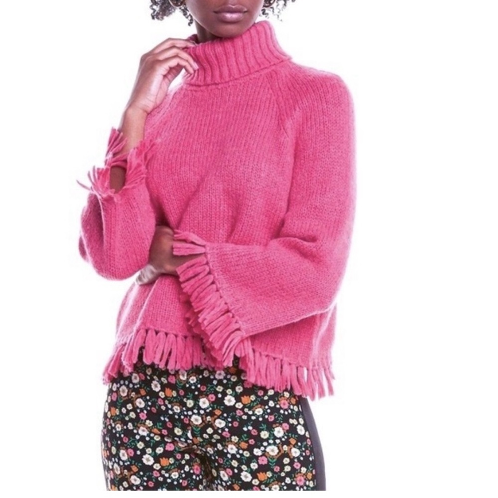 Tory Burch Hot Pink Fringe Turtleneck Sweater
